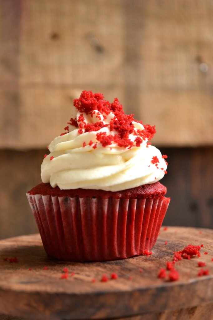 Red Velvet Vegan Cupcake with dairy-free cream cheese frosting - Vegan Cakes Atelier Thanisandra Bangalore