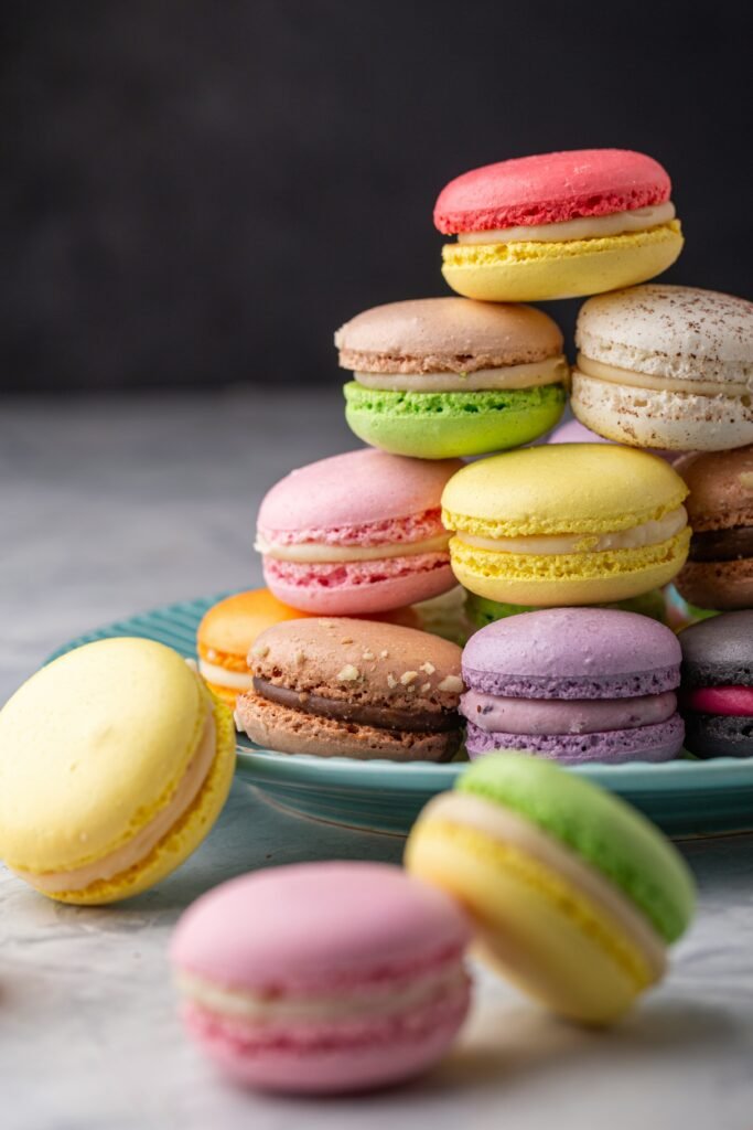 Stack of colorful egg-free French macarons - Vegan Cakes Atelier in Thanisandra, Bangalore